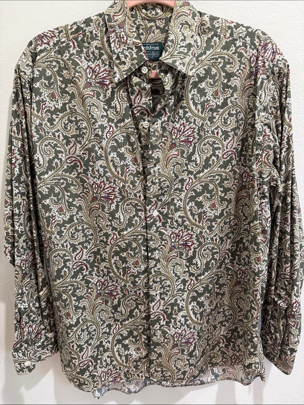 Vintage Nordstrom Gitman Bros. Olive Paisley Button-Down Cream & Burgundy shirt
